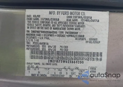 2002 Mercury Grand Marquis Ls z USA, uszkodzony, nr VIN 2MEFM75W62X664200